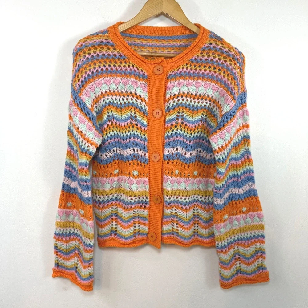 Rainbow Crochet Knit Cardigan Orange Blue Chevron Boho Festival Summer Sz S / M